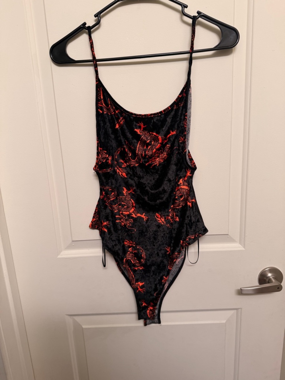 Bear Dance Black Velvet Bodysuit with Red Dragon Motif